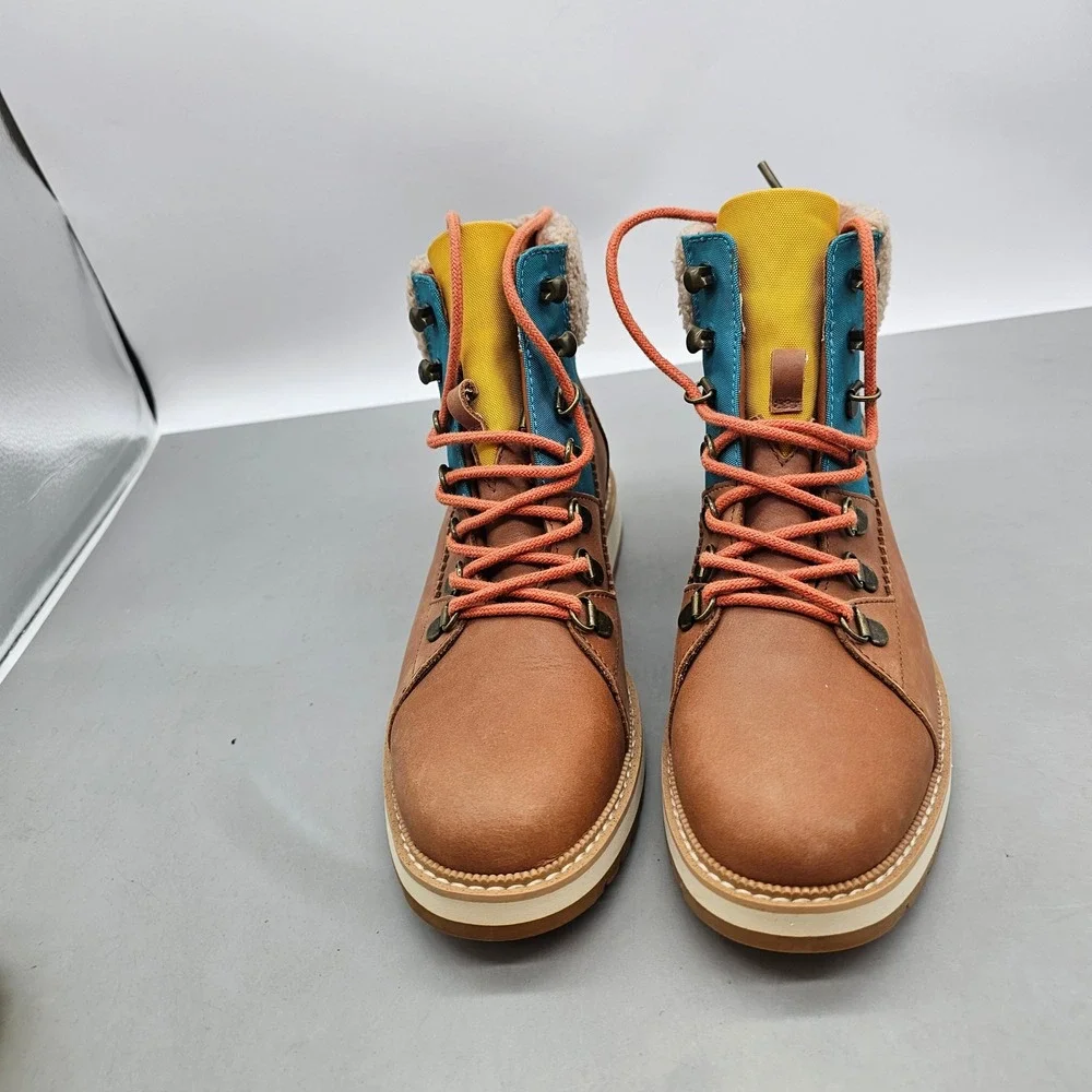 TOMS Mesa Waterproof Colorblock Boot Brown Teal Yellow Faux Shearling 10014157 7